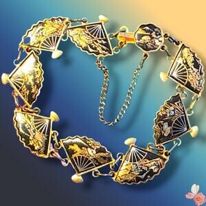 Vintage Japan Damascene Fan Bracelet • Black Gold Scenic Panels 7.25 113